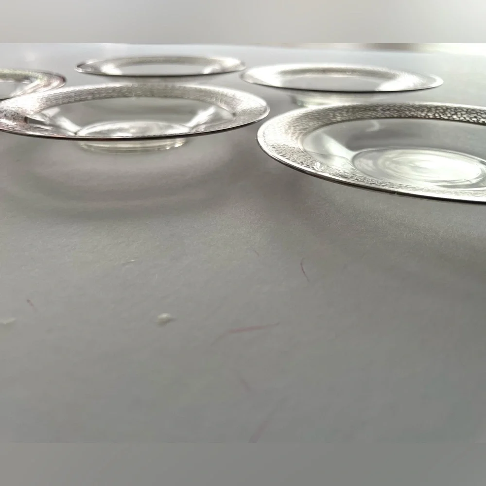 Five Vintage Clear Glass Sterling Silver Lace Overlay Bread Plates